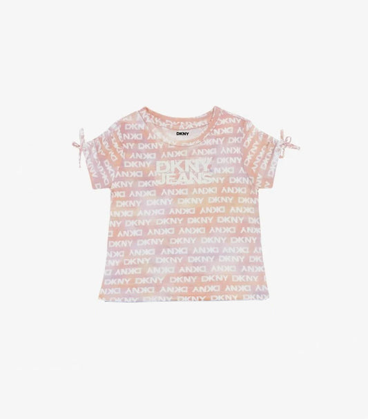 Front view of DKNY Jeans girls’ pink logo-print T-shirt with cold-shoulder cut-outs and sleeve ties