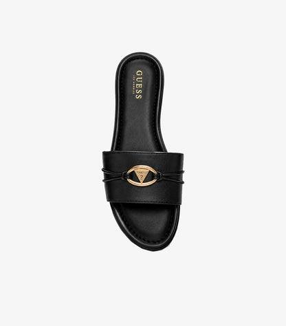 Top view of Guess women’s black flat slide sandal with gold-tone triangle logo emblem