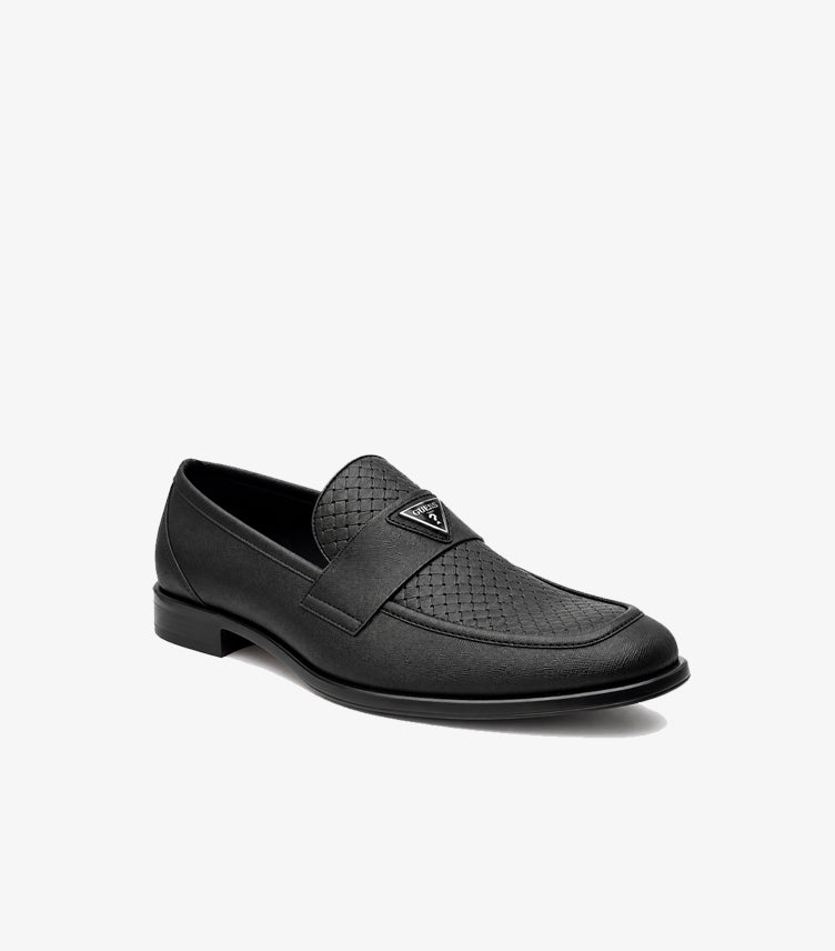 Angled front view of Guess men’s black penny loafer with woven-effect vamp and triangle logo