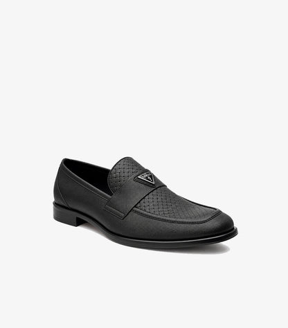 Angled front view of Guess men’s black penny loafer with woven-effect vamp and triangle logo
