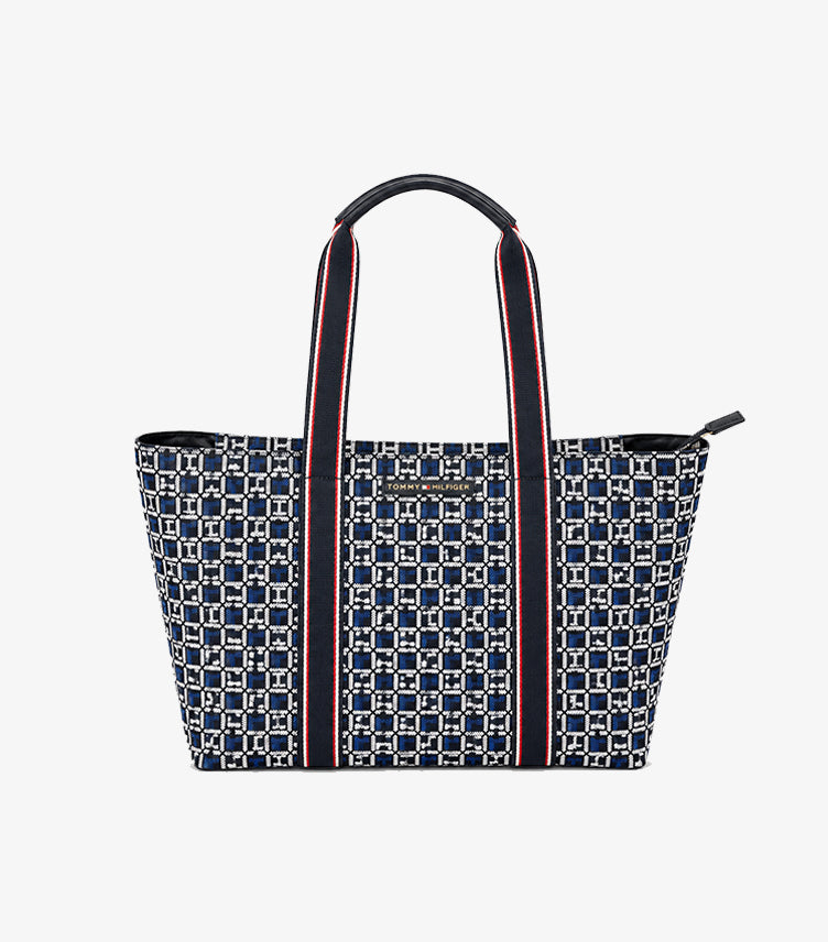 Tommy Hilfiger women's blue monogram tote bag front view