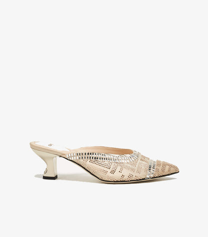 FENDI BEIGE MESH CRYSTAL EMBELLISHED COLIBRI MULES