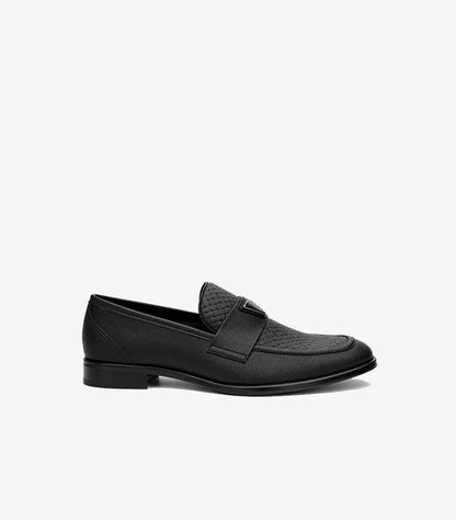 Side view of Guess men’s black woven-effect penny loafer with low heel and logo detail