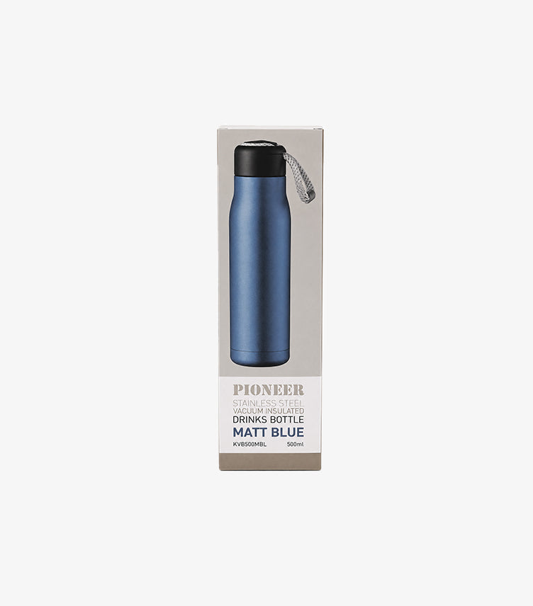 Pioneer 500ml matt blue vacuum-insulated drinks bottle in retail packaging with convenient carry loop