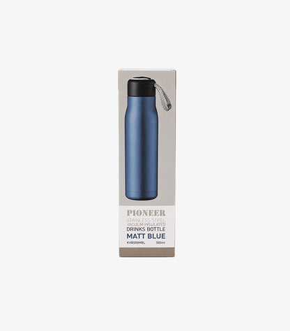Pioneer 500ml matt blue vacuum-insulated drinks bottle in retail packaging with convenient carry loop