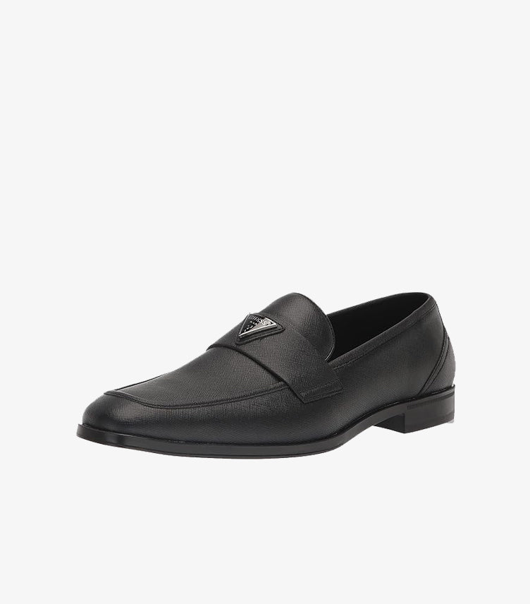 GUESS men's black textured leather penny loafers - angled product shot