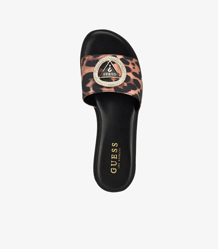 Top view of Guess women’s leopard-print flat slide sandal with crystal-embellished triangle logo