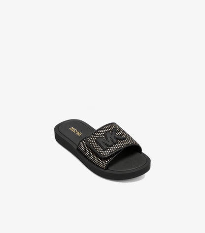 Angled product view of Michael Kors black MK logo slide sandal with gold-tone stud embellishments and flat sole