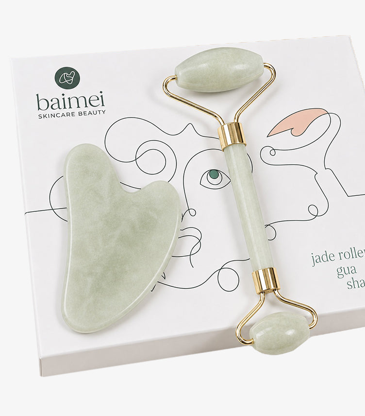 Bainmei green jade facial roller and Gua Sha massage stone two-piece set