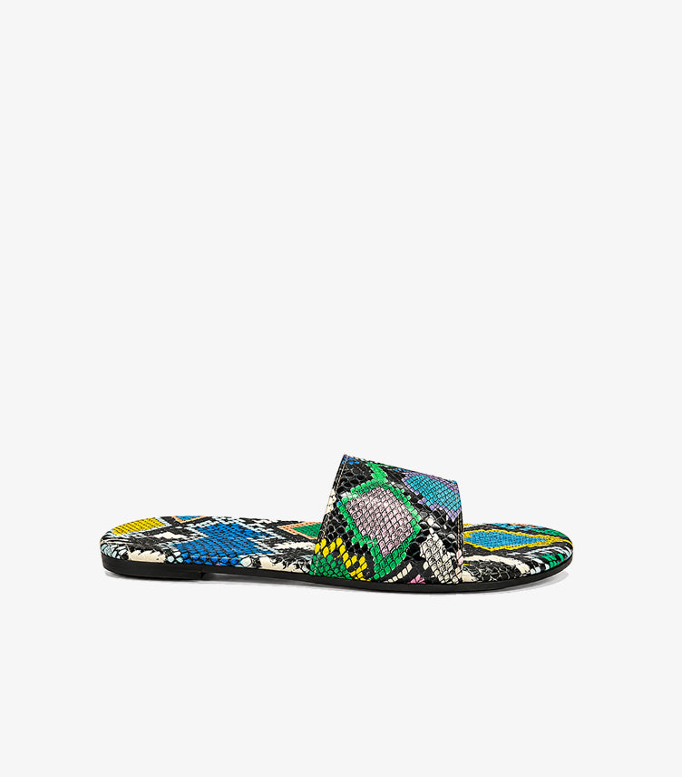 Side view of SHEIN women’s multicolour snakeskin-print flat slide with a wide single strap