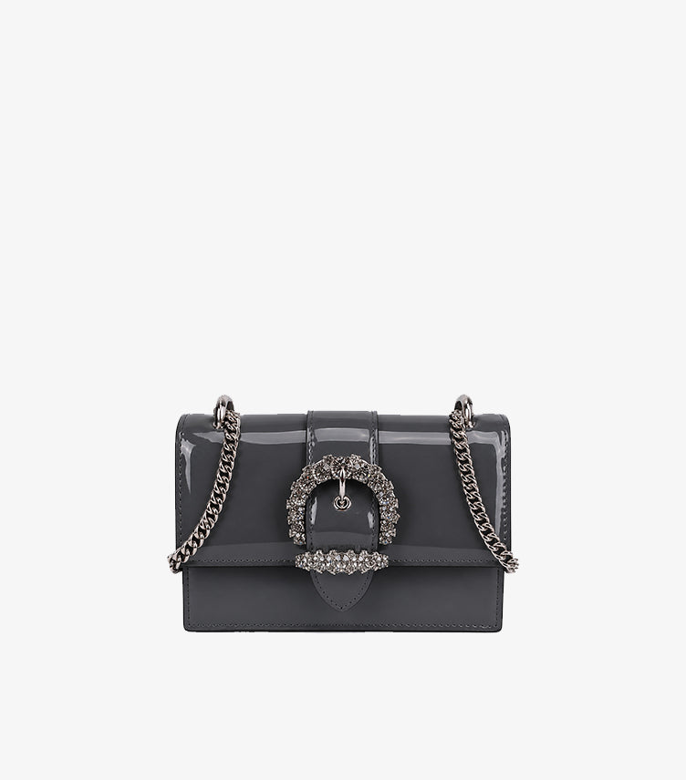 Jimmy Choo grey patent leather crystal buckle shoulder bag front view