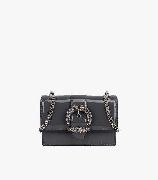 Jimmy Choo grey patent leather crystal buckle shoulder bag front view