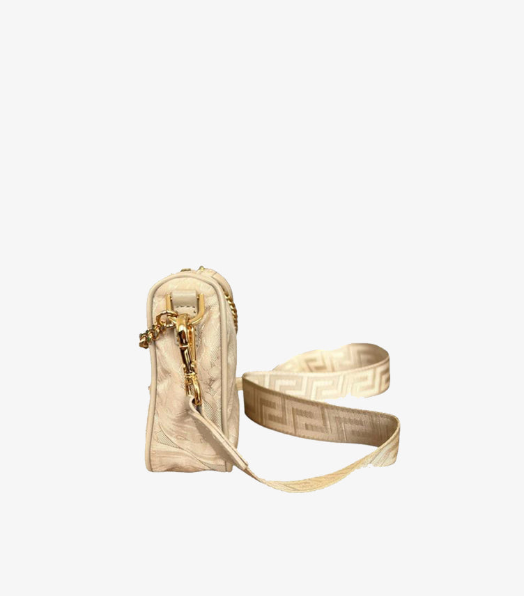 Side view of Versace beige crossbody bag with adjustable jacquard shoulder strap