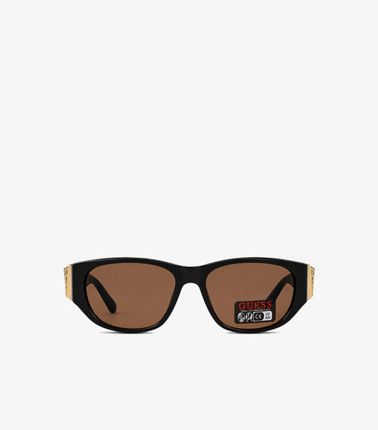 GUESS black retro sunglasses front view with brown lenses