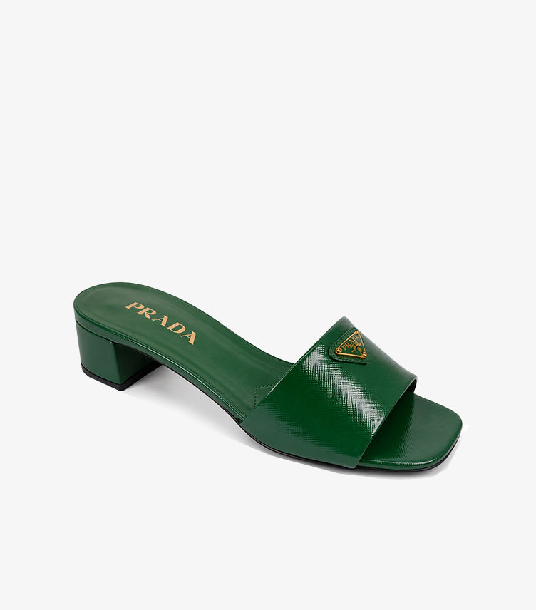 PRADA EMERALD PATENT LEATHER MULE HEELS