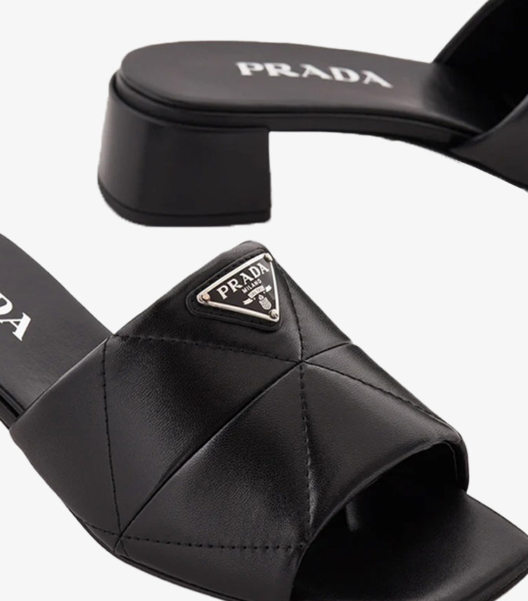 Prada Triangle Logo Quilted Leather Mule Heels Close-Up Detail