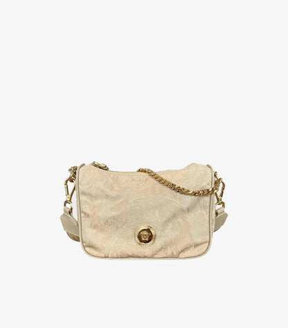 Front view of Versace luxury Beige shoulder bag featuring Medusa clasp and gold chain