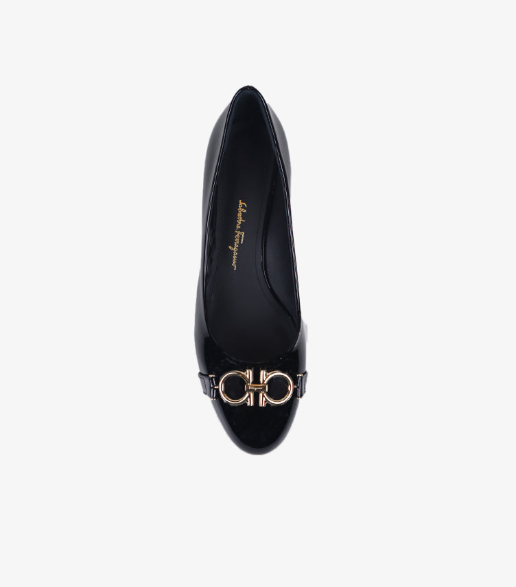 FERRAGAMO PATENT LEATHER BLOCK HEEL PUMPS