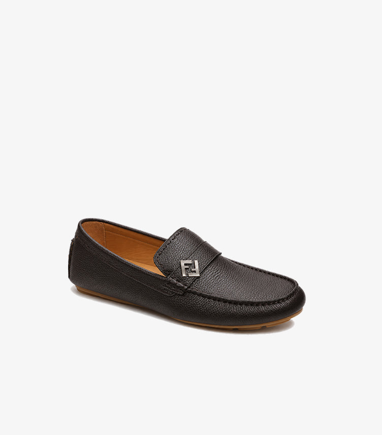 Fendi men's premium textured leather driving loafers with signature FF logo hardware and moc toe design.