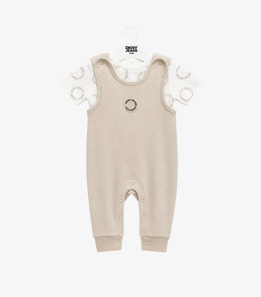 Front view of DKNY Jeans baby boys’ beige full-length dungaree and white circular logo-print T-shirt set.