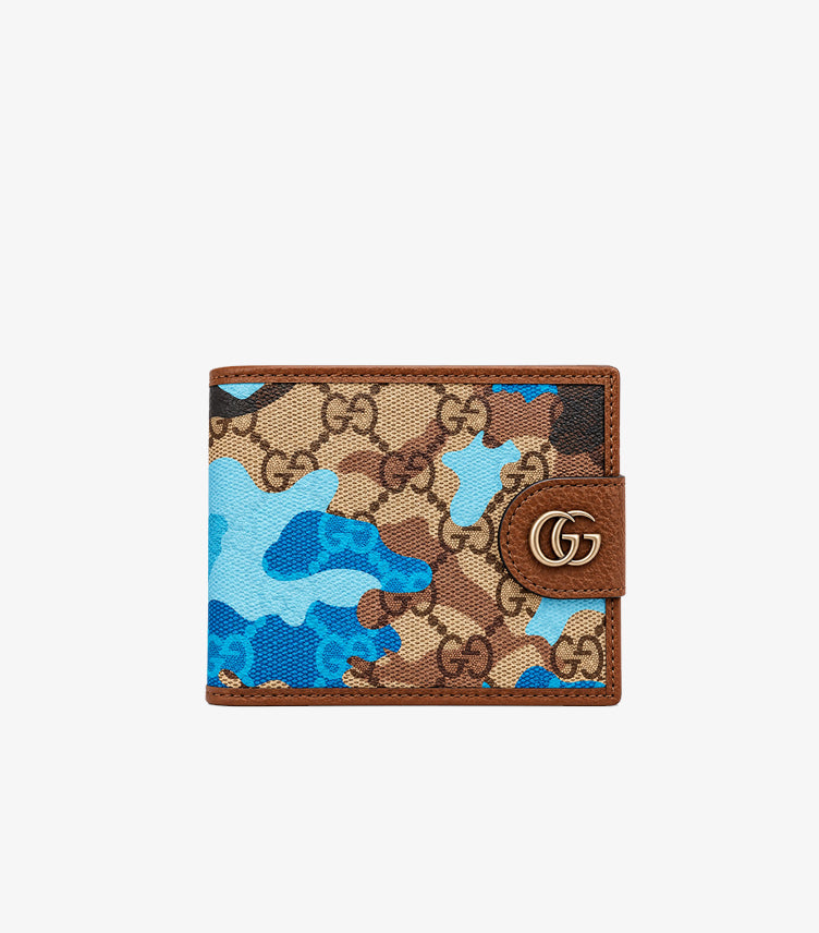 Gucci GG Supreme camouflage bifold wallet featuring signature monogram print and Double G metal hardware front view