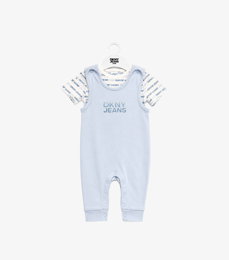 Front view of DKNY Jeans baby boys’ pale-blue full-length dungaree and white logo-print T-shirt set