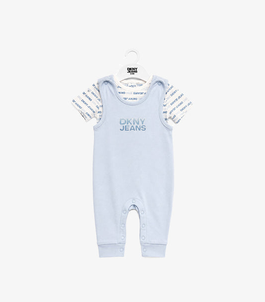 Front view of DKNY Jeans baby boys’ pale-blue full-length dungaree and white logo-print T-shirt set