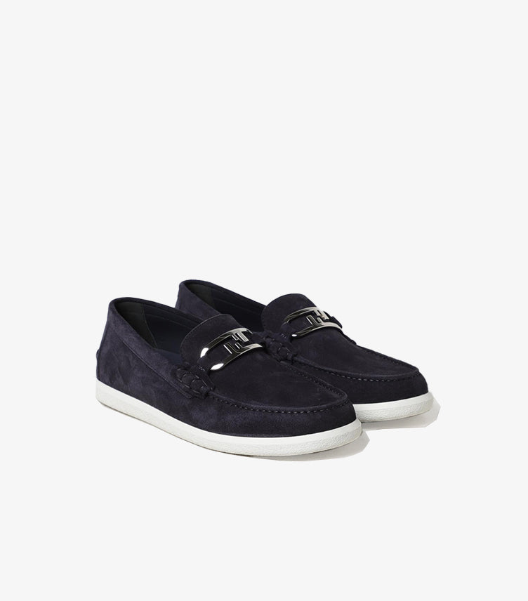 Fendi men's suede leather slip-on loafers with signature FF metal hardware and lightweight rubber sole.