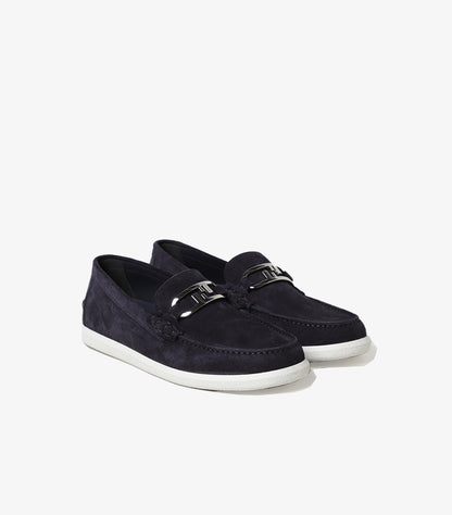 Fendi men's suede leather slip-on loafers with signature FF metal hardware and lightweight rubber sole.