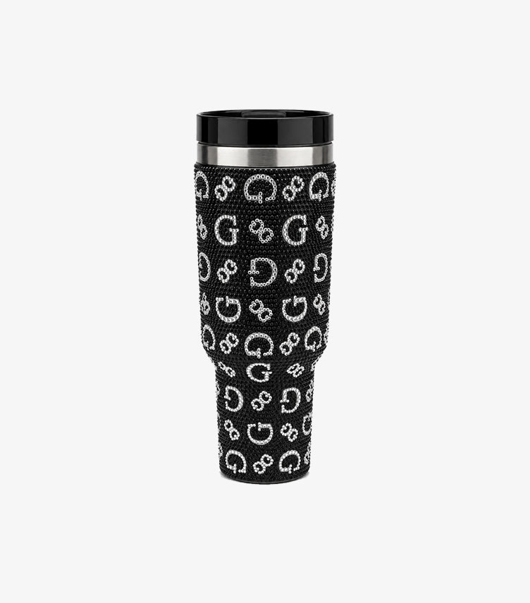 Front view of Guess black hand-held travel cup with silver-tone rhinestone monogram and glossy lid