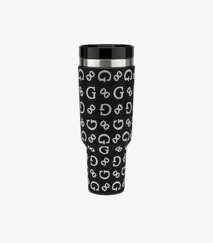 Front view of Guess black hand-held travel cup with silver-tone rhinestone monogram and glossy lid