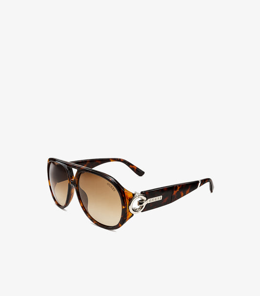 Angled view of Guess tortoiseshell aviator sunglasses showing gradient lenses, double bridge and branded gold-tone temple details