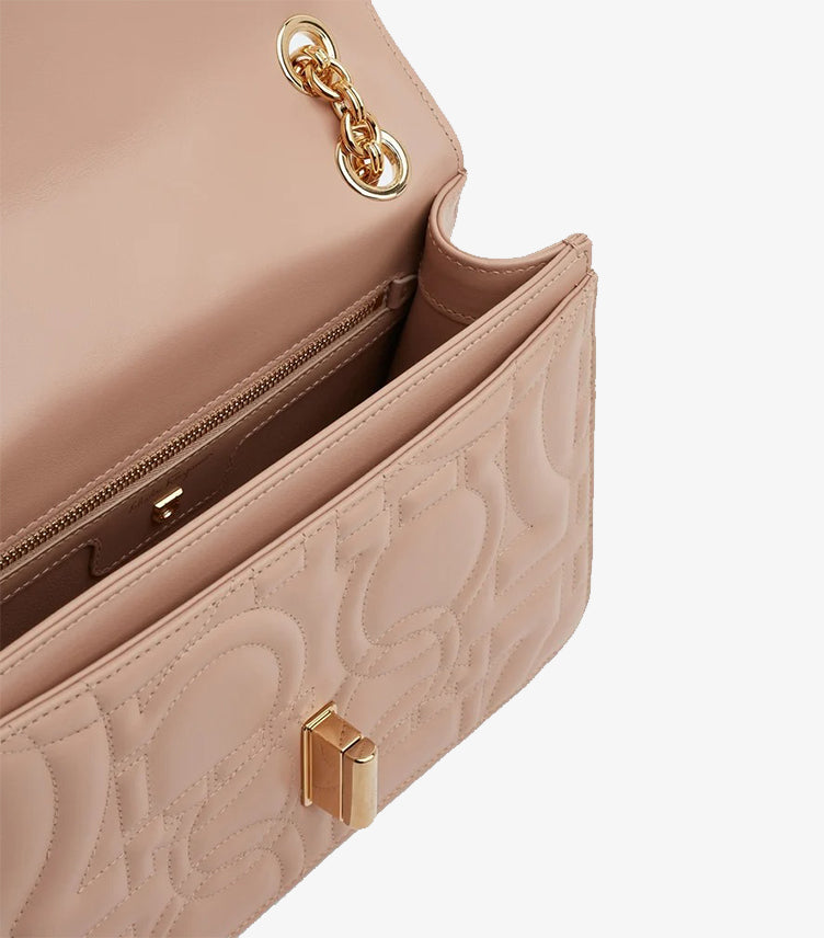Ferragamo Gancini Bag interior – main compartment with zip pocket card slots and gold chain detail | A&B Imported UK
