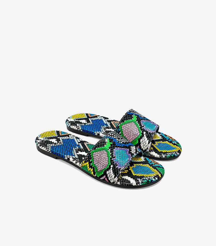 Angled view of SHEIN women’s snakeskin-print slide sandals showing the patterned straps and footbeds