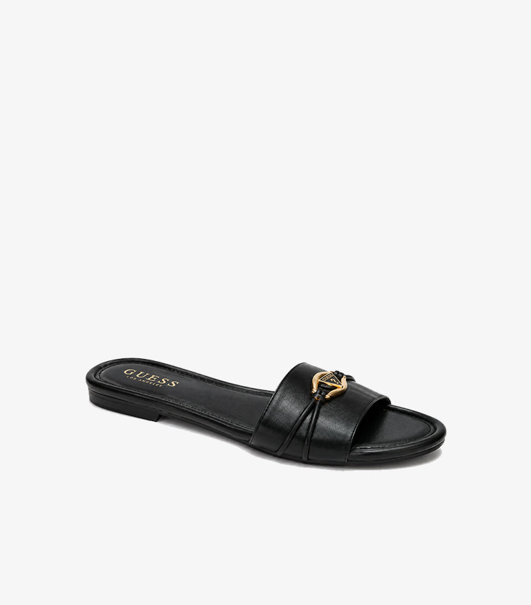 Angled front view of Guess women’s black logo-embellished flat slide sandal