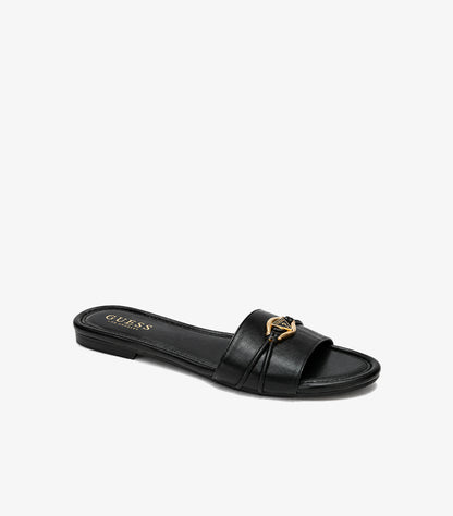 Angled front view of Guess women’s black logo-embellished flat slide sandal