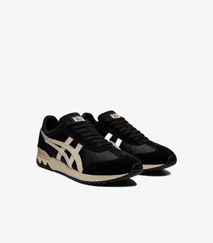 Front angled view of Onitsuka Tiger black and cream casual sneakers
