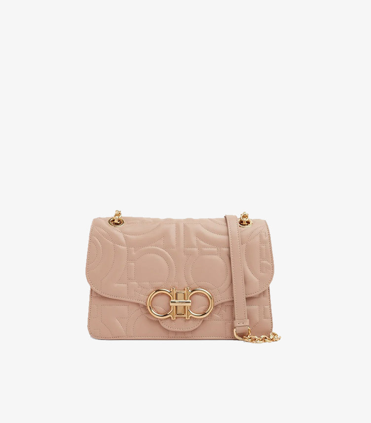 FERRAGAMO GANCINI QUILTED LEATHER SHOULDER BAG – NUDE BLUSH | GOLD CHAIN STRAP