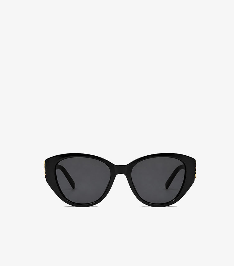 Front view of Saint Laurent women’s black oversized cat-eye sunglasses with dark grey lenses