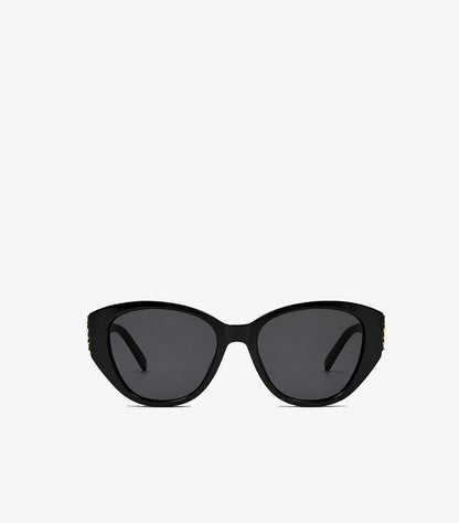 Front view of Saint Laurent women’s black oversized cat-eye sunglasses with dark grey lenses