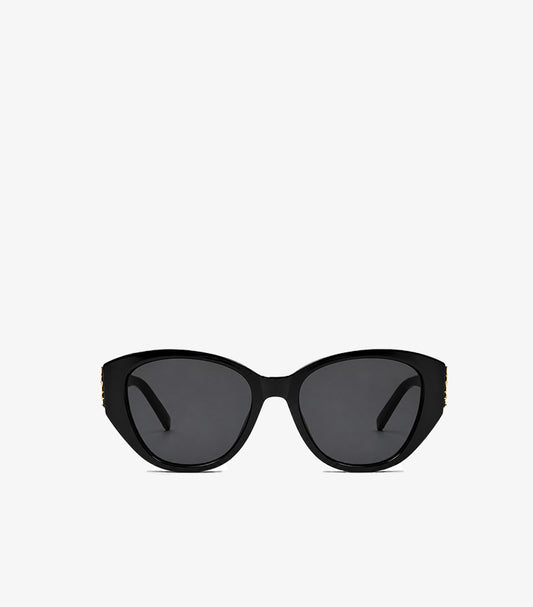 Front view of Saint Laurent women’s black oversized cat-eye sunglasses with dark grey lenses