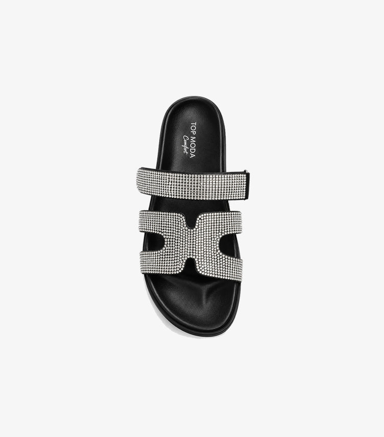 Top view of Top Moda women’s black slip-on sandals with sparkling rhinestone straps and chunky platform sole
