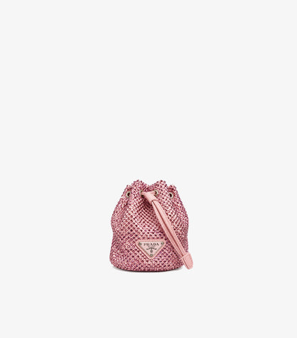 Front view of Prada pink crystal-embellished mini drawstring clutch with wrist strap and triangle logo