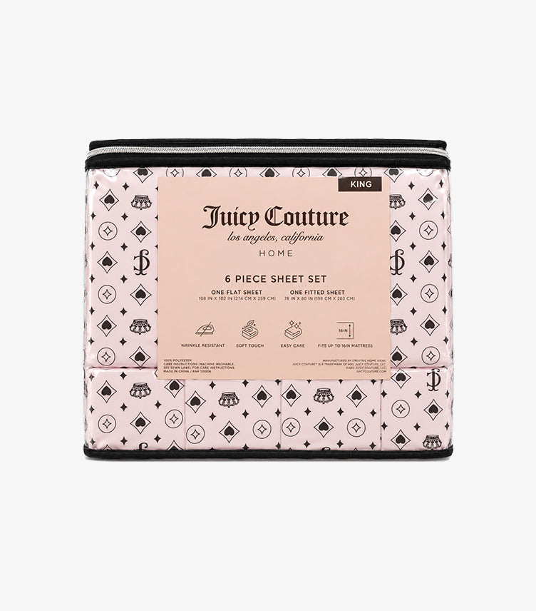 Juicy Couture pink and black monogram six-piece king sheet set in reusable zippered storage packaging