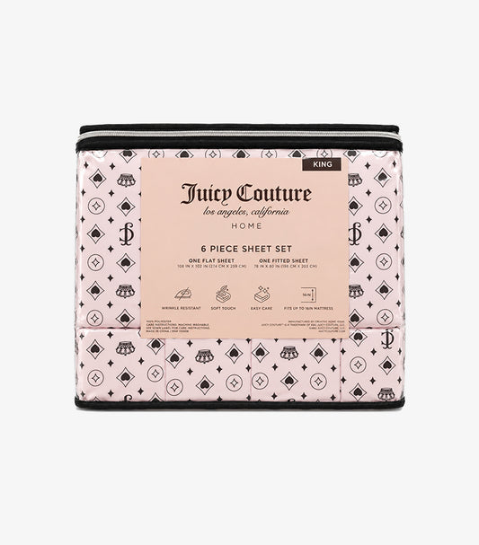 Juicy Couture pink and black monogram six-piece king sheet set in reusable zippered storage packaging