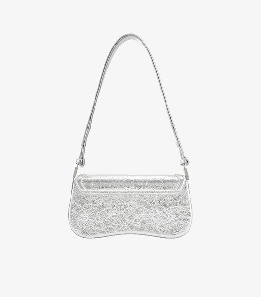 JW PEI Gabbi Shoulder Bag in Silver Metallic Crinkle Distressed Leather with Adjustable Silver Strap – Rear Product View on White Background
