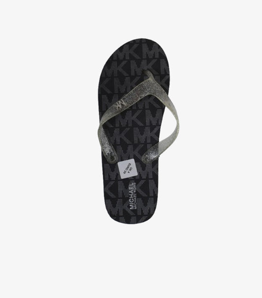 MICHAEL KORS BLACK MONOGRAM FLIP FLOPS WITH GLITTER STRAP