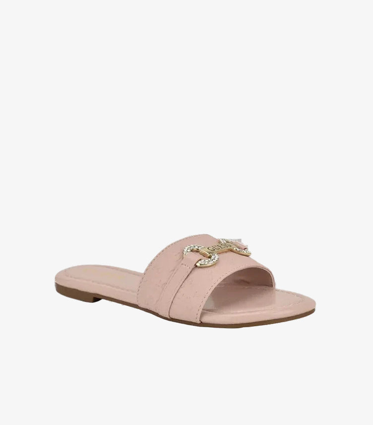 Front angled view of Guess women’s pink embellished slide sandal with wide strap and flat sole