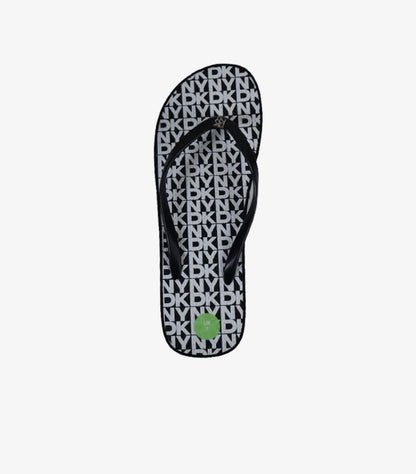 DKNY WOMEN’S LOGO PRINT FLIP-FLOP SLIDES – BLACK & WHITE