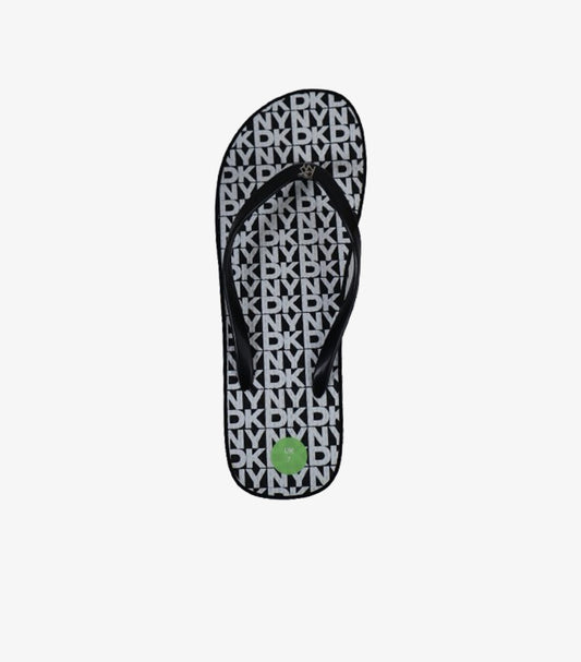 DKNY WOMEN’S LOGO PRINT FLIP-FLOP SLIDES – BLACK & WHITE